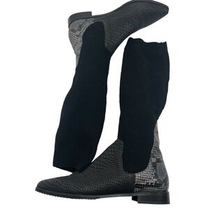 Daniella Lemavi EU Sz 40 or 9 Tall Black Boots Knit Upper Snakeskin Print Lower